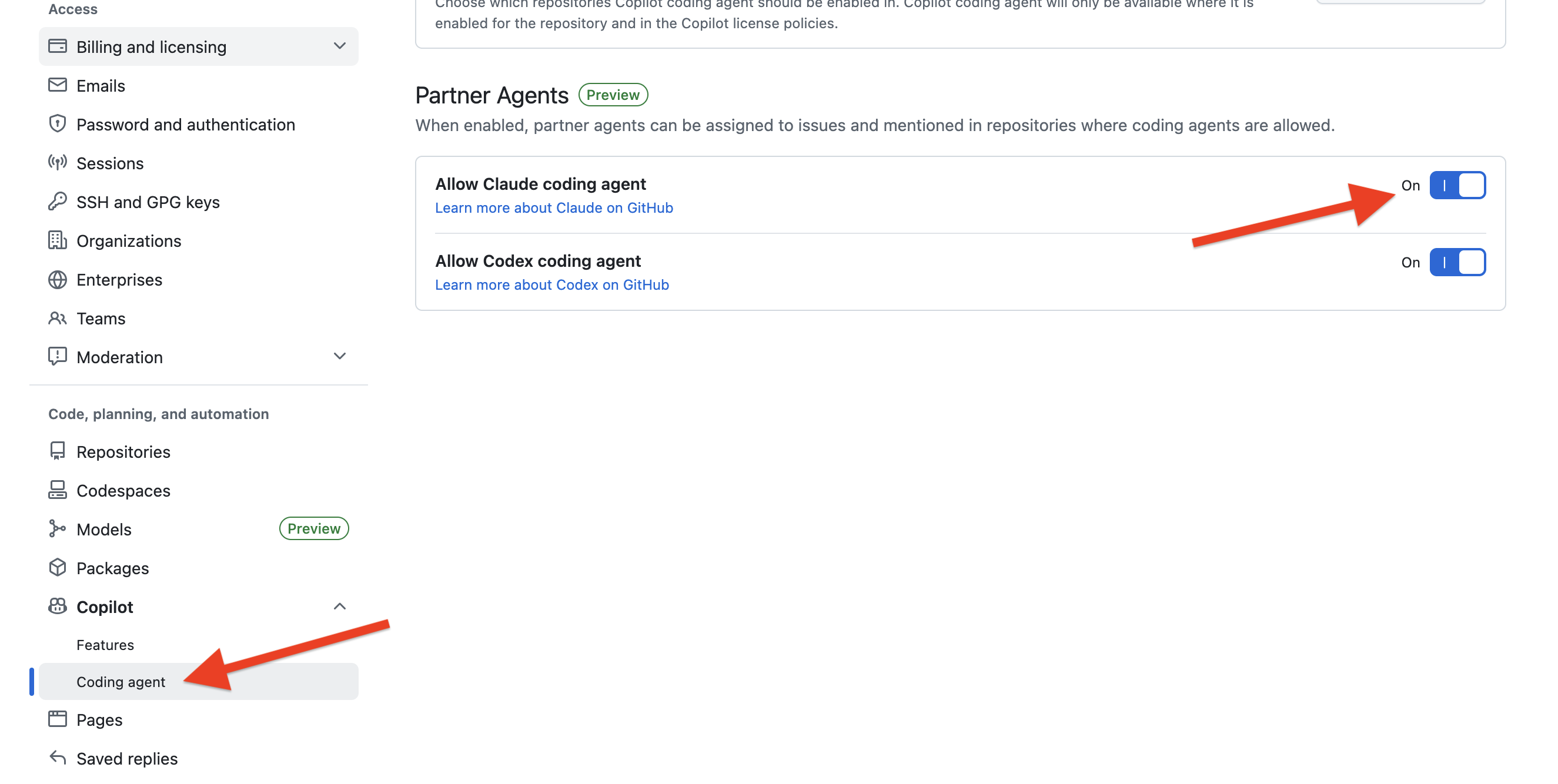 Partner agents section with Claude coding agent enabled